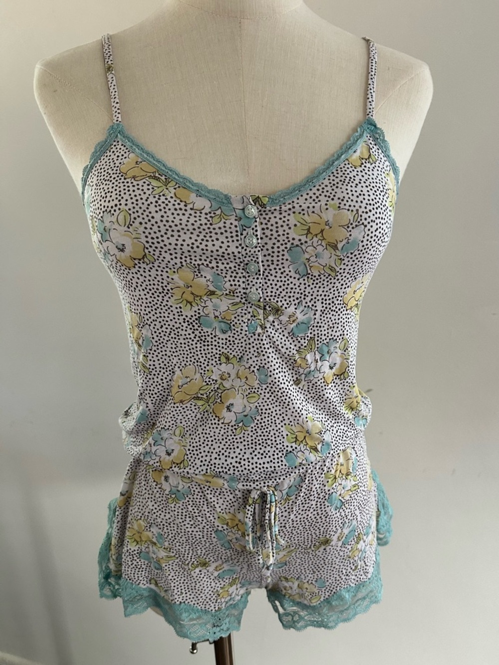 Victoria’s Secret Legit Y2K Floral Lace Trim Romper Babydoll Lounge White Aqua